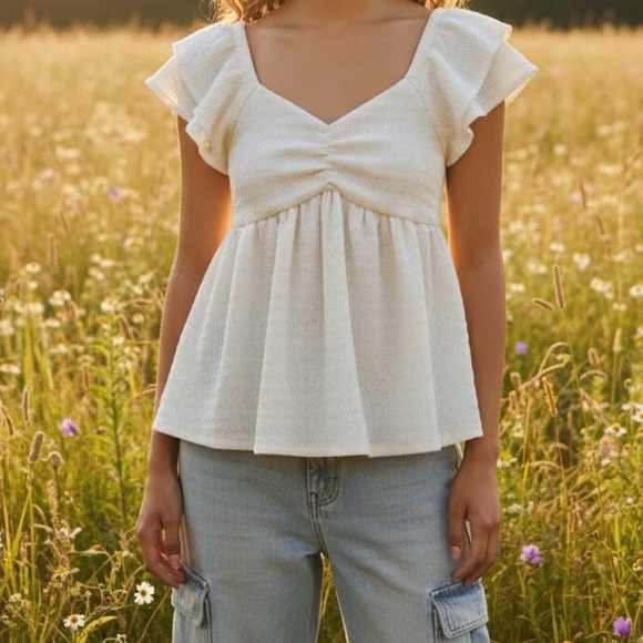 NOBO Tops - No Boundaries Women’s White Smocked Flutter Sleeve Peplum Top Small Cottagecore